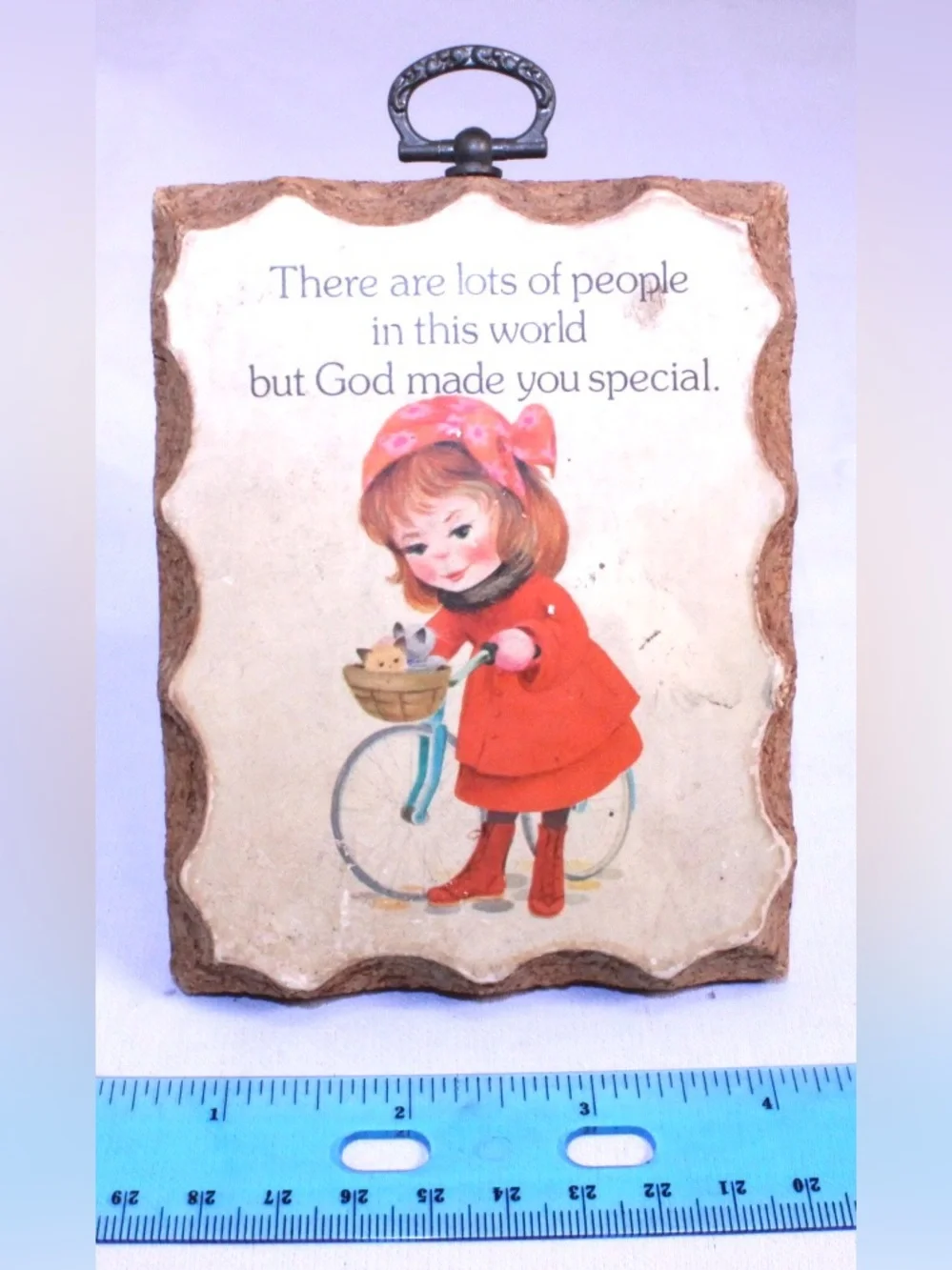 Vintage Cute Kitten and Girl Plaque with Bicycle and Religious Quote - cork